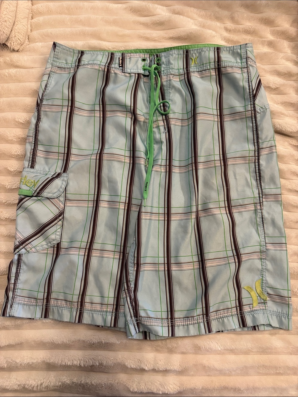 Hurley Light Blue Plaid Swim Shorts with Green Accents